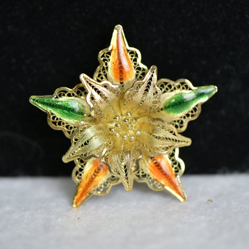Sterling Silver Vintage Spun Filigree Enamel Flower Brooch Pin 1.75"
